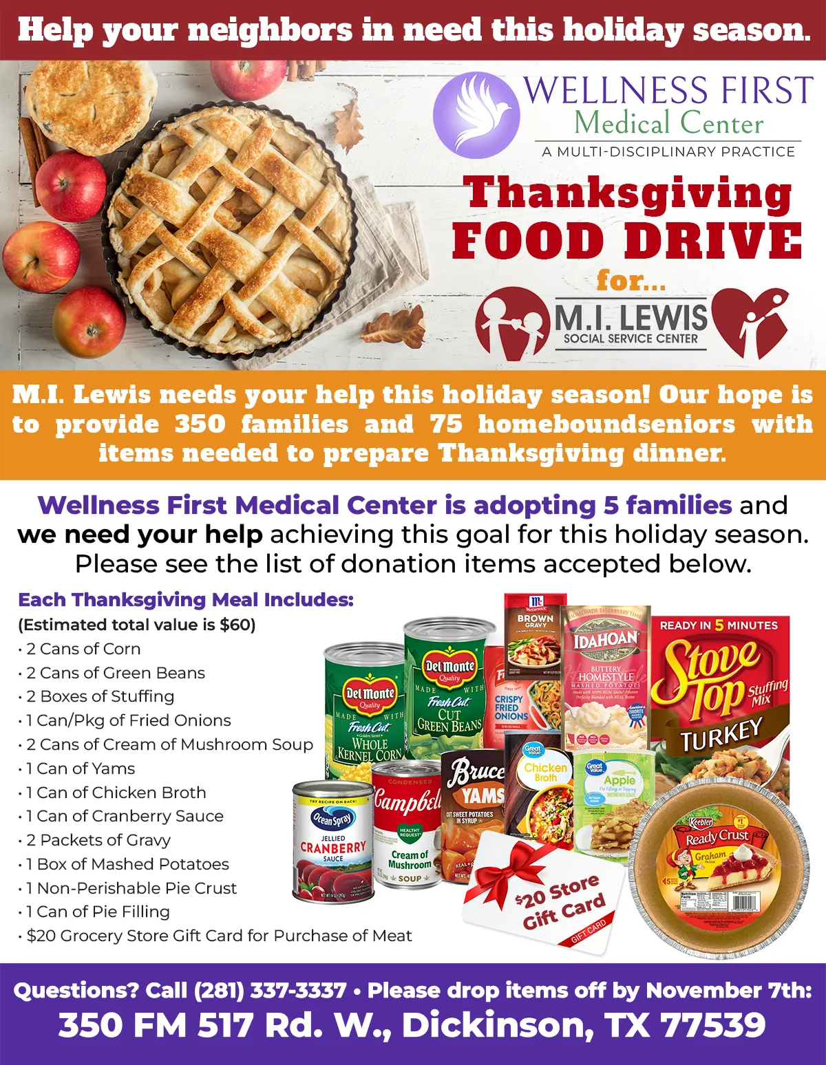 Wellness First Medical Center - Thanksgiving Food Drive for MI Lewis